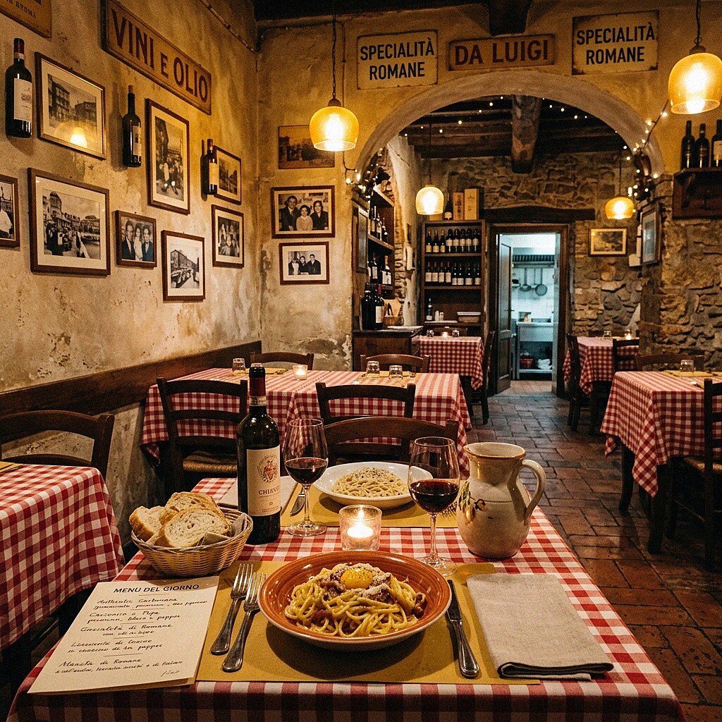 Das gemütliche Interieur einer typischen römischen Trattoria mit Holztischen und warmer Atmosphäre