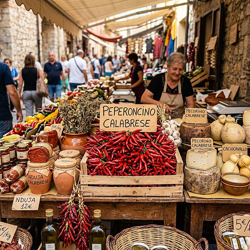 A vibrant market stall overflowing with fresh Calabrian products, including 'nduja, Calabrian chili, and local cheeses.
