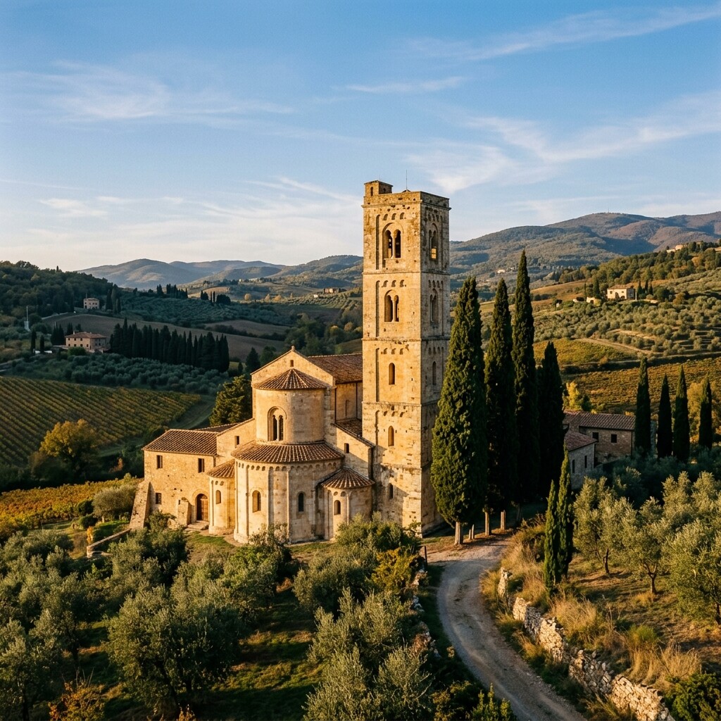 Die Abtei Sant'Antimo von der Sonne beleuchtet, umgeben von Olivenbäumen in der Val d'Orcia