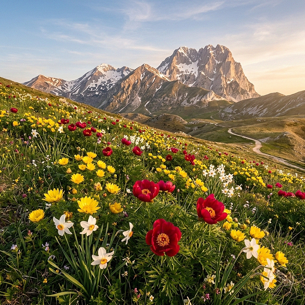 Eine Blüte aus roten Pfingstrosen und weißen Narzissen an den Hängen des Gran Sasso in den Abruzzen