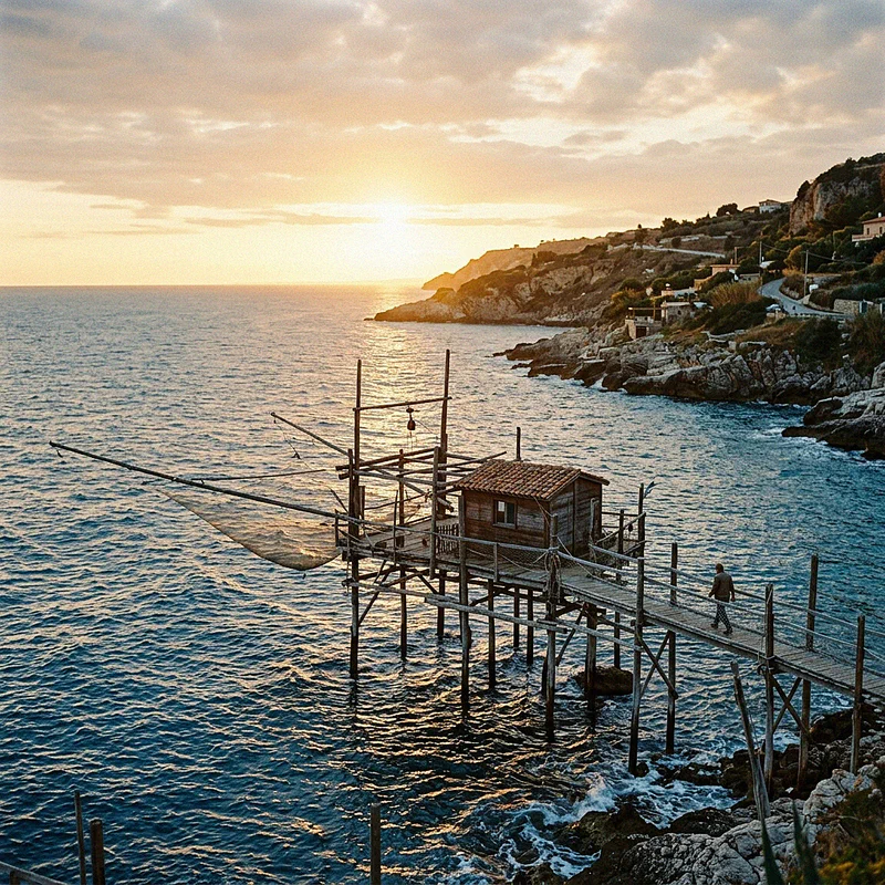 A traditional wooden trabocco on the Adriatic coast in Abruzzo at sunset