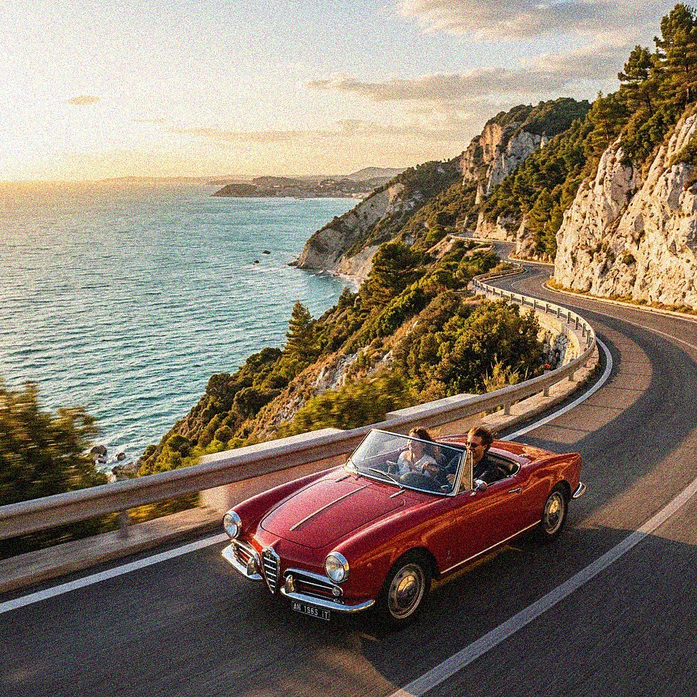 A classic red convertible driving along a scenic coastal road of the Adriatic Sea at sunset.