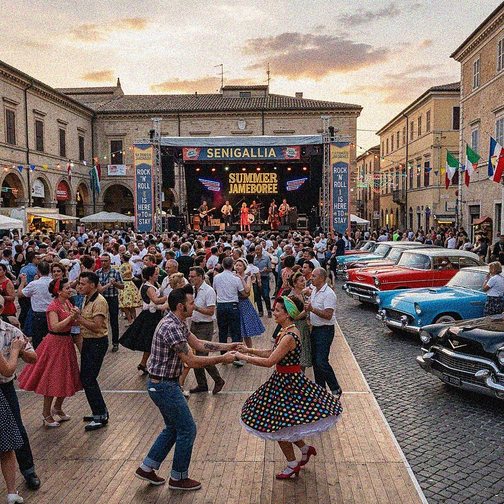 People in 1950s vintage clothing dancing swing in a town square with classic cars in Senigallia.