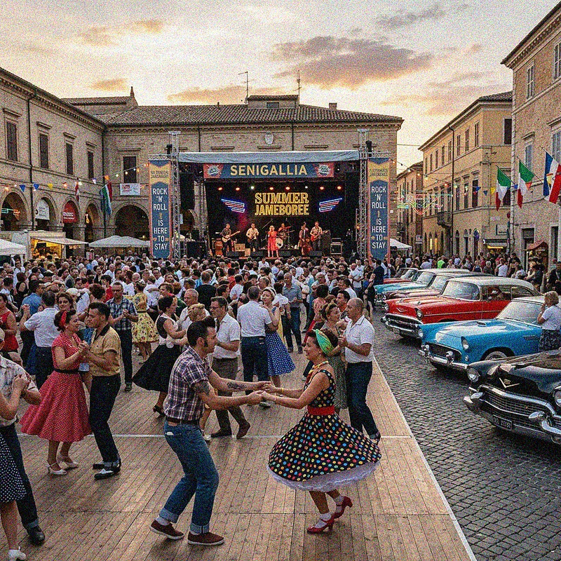 Persone in abiti vintage anni '50 che ballano lo swing in una piazza cittadina con auto classiche a Senigallia.