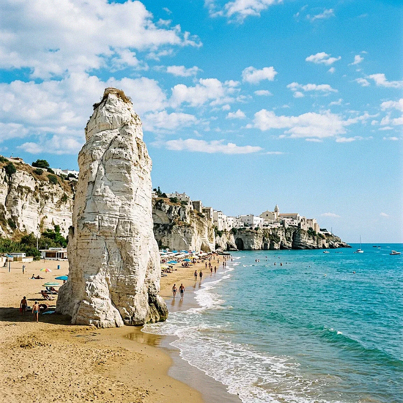 The massive white limestone monolith of Pizzomunno on the beach in Vieste, Gargano