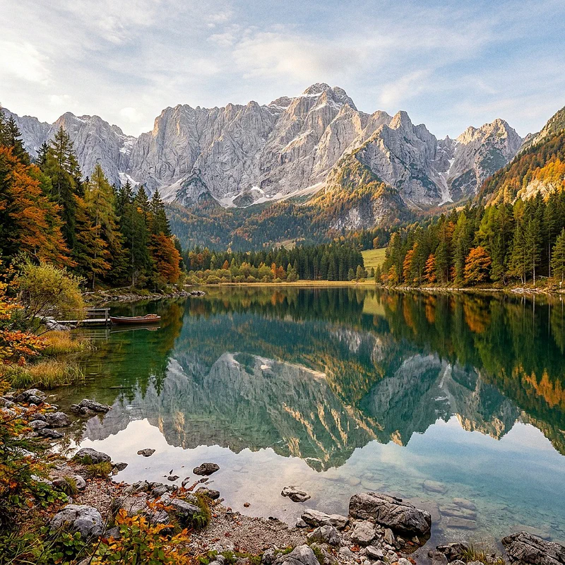 View of the Upper Fusine Lake with the Mangart massif reflecting in its waters