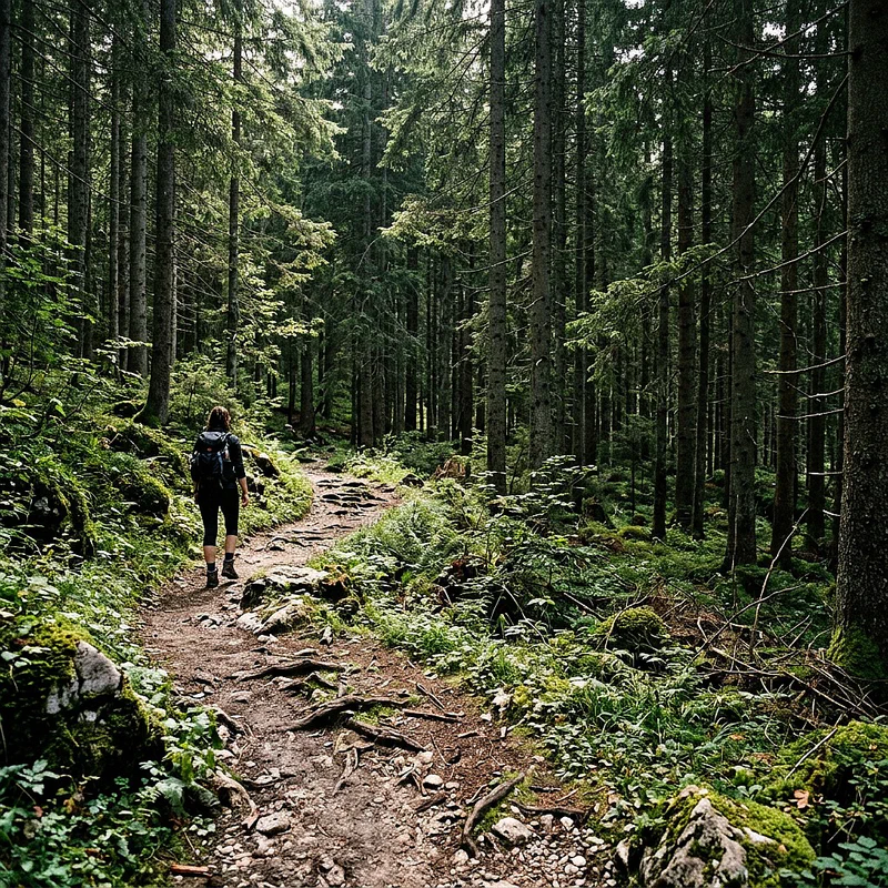 Dirt path along the Fusine lakes through pine and fir forest