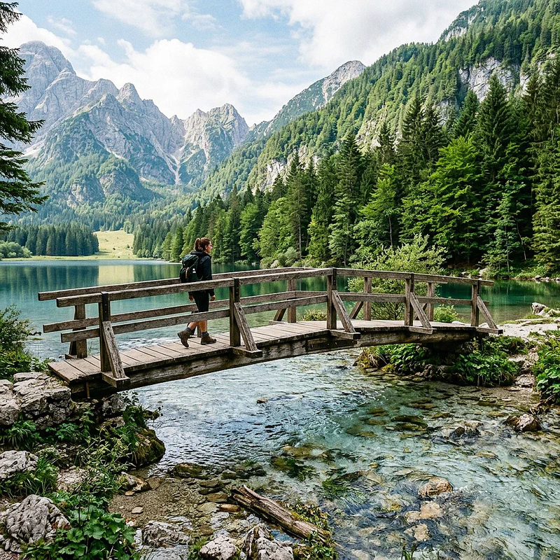 Wooden bridge over the stream between the two lakes of Fusine