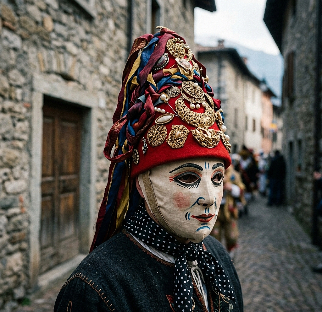 A Balarì of the Bagolino Carnival with the typical scarlet hat covered in gold and colored ribbons
