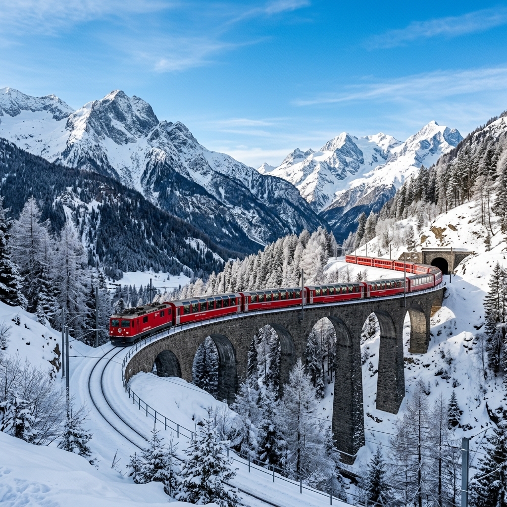 The Bernina Red Train crossing a stone viaduct surrounded by snowy peaks