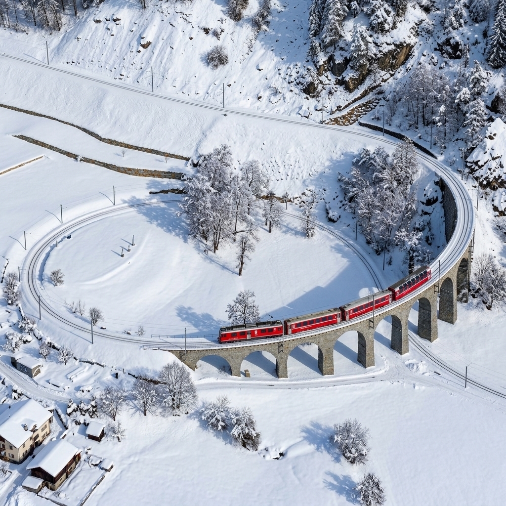 The Bernina Express crossing the Brusio Spiral Viaduct