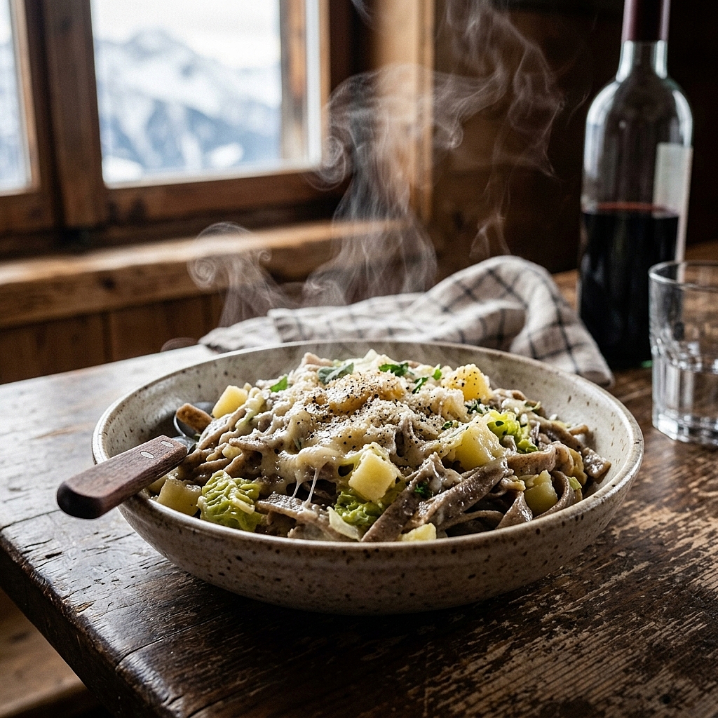 A steaming plate of Valtellina pizzoccheri served in an alpine hut
