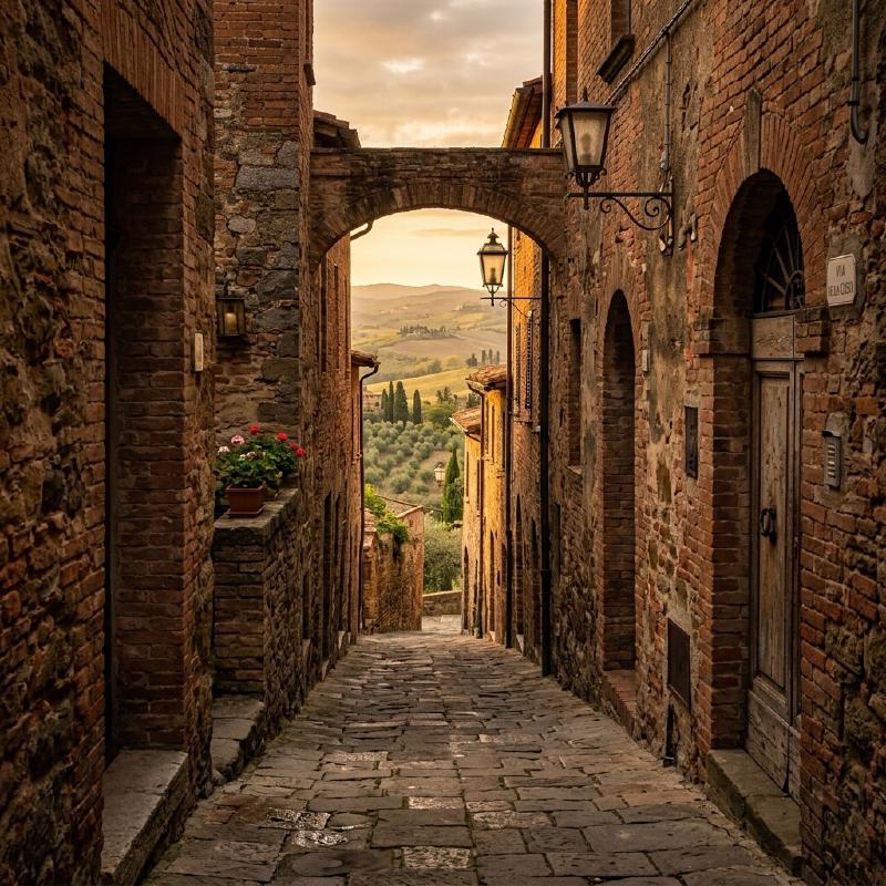 A quiet red brick alleyway in Certaldo Alto with ancient stone textures and a glimpse of the Tuscan countryside