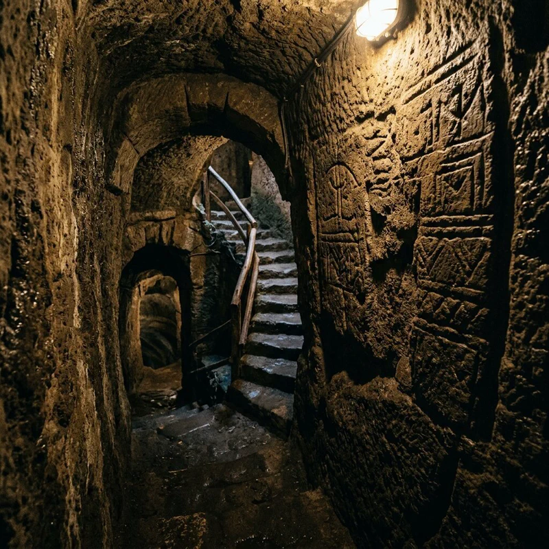 Entrance to one of Orvieto's underground cavities, with an illuminated passageway sinking into the tuff.