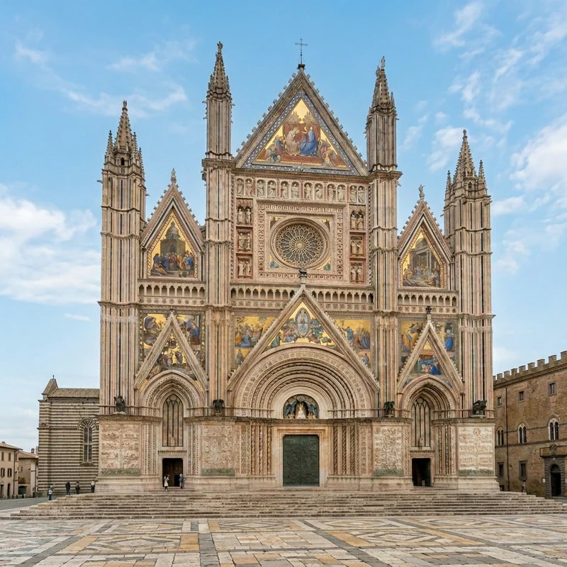 The majestic gothic facade of the Duomo of Orvieto with golden mosaics and bas-reliefs under the afternoon sky