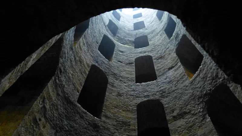 View from above of the double helical ramp inside Pozzo di San Patrizio in Orvieto, with arches illuminated by warm golden lights