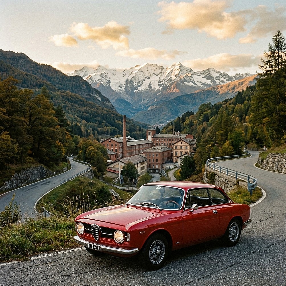 Alfa Romeo Oldtimer vor einer Wollmühle im Biellese