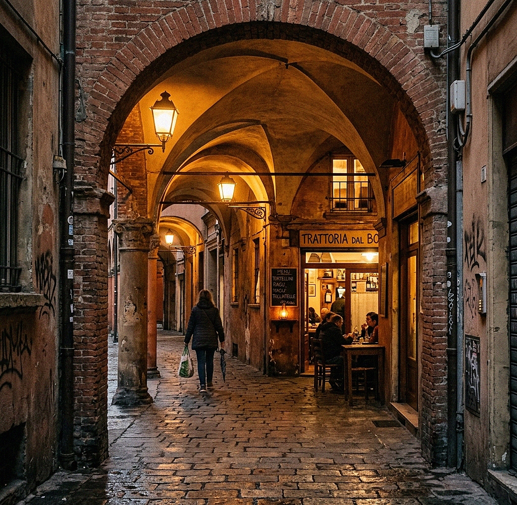 I portici di Bologna con l'ingresso di una trattoria storica nascosta