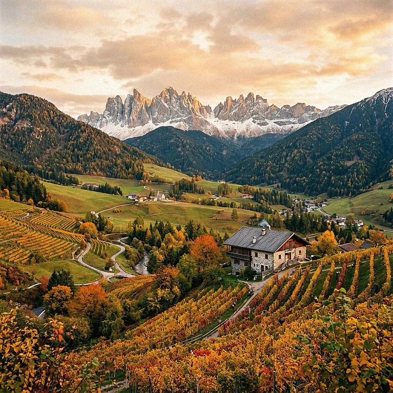 Autumn panorama of the valleys of Bolzano and Merano with the Dolomites in the background