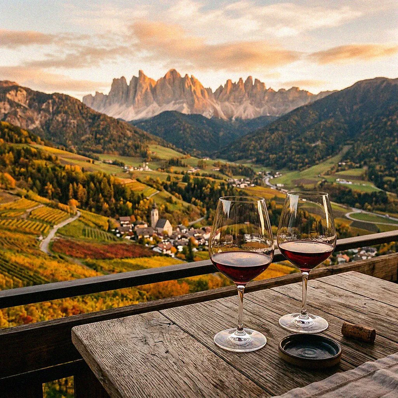 Two glasses of red wine in the foreground with an autumn panorama of South Tyrol and the Dolomites in the background