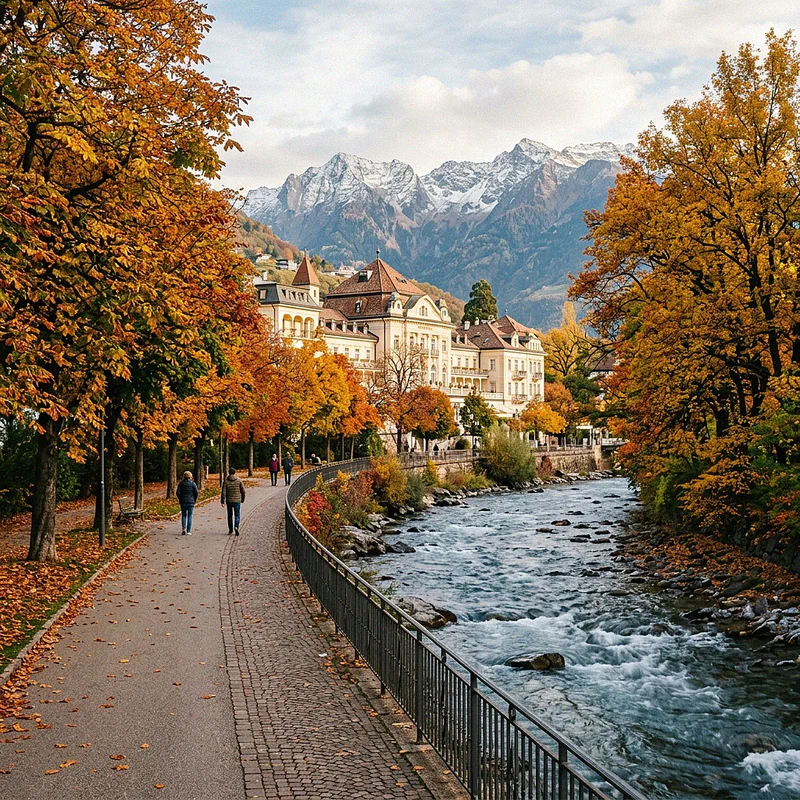 Passirio promenade in Merano during autumn with colorful trees and historic architecture