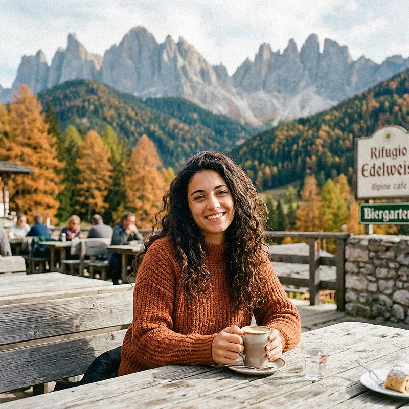 The author Sofia enjoying a warm coffee among the Dolomites in autumn
