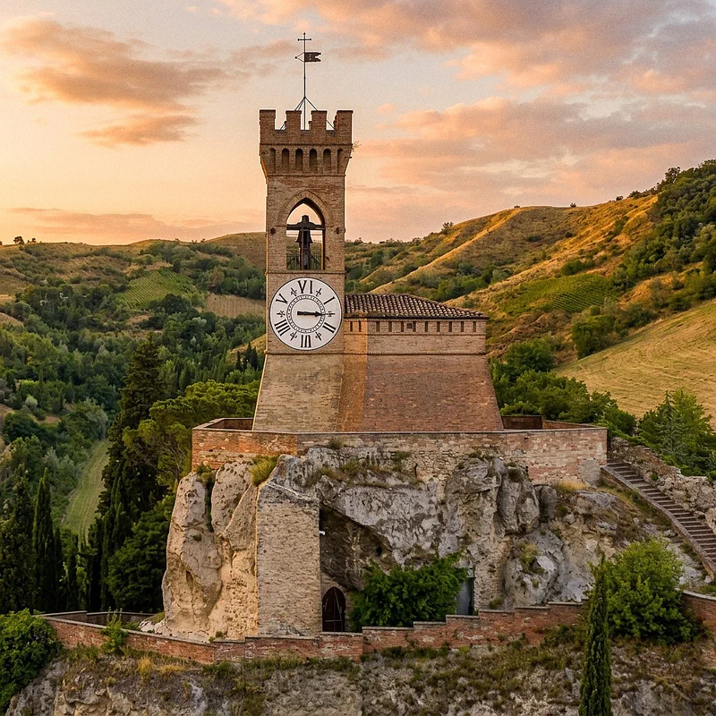 The Clock Tower of Brisighella on its gypsum hill at sunset