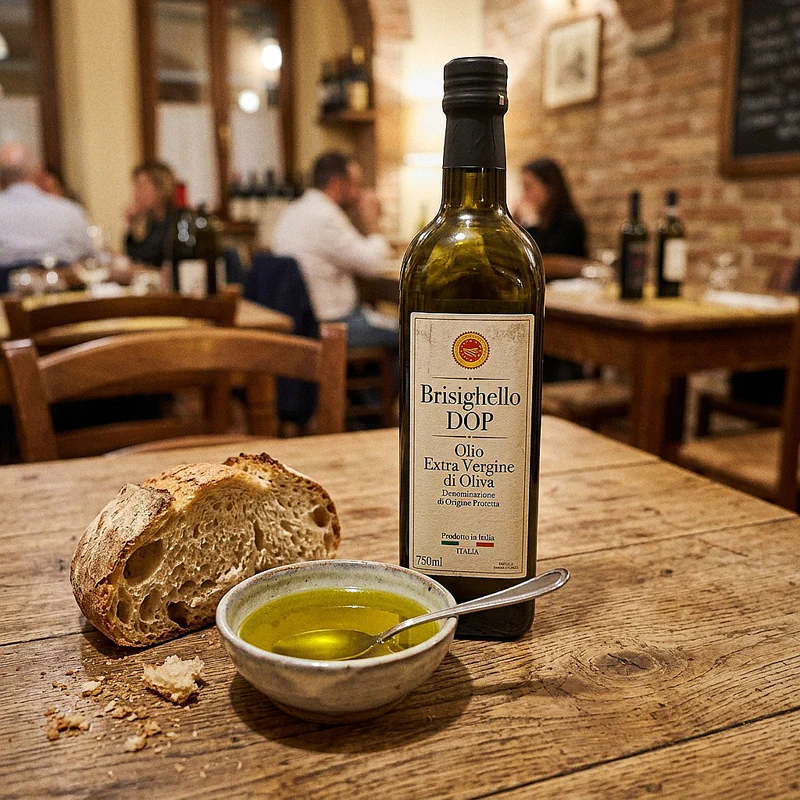 A bottle of Brisighello extra virgin olive oil on a rustic table