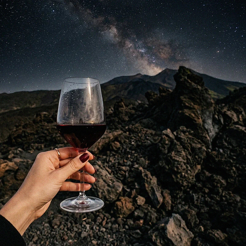 Un calice di vino appoggiato su rocce nere vulcaniche sotto un cielo stellato