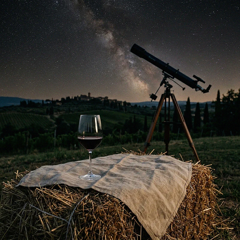 Un calice di vino rosso su una balla di fieno, con un telescopio e il cielo stellato sullo sfondo