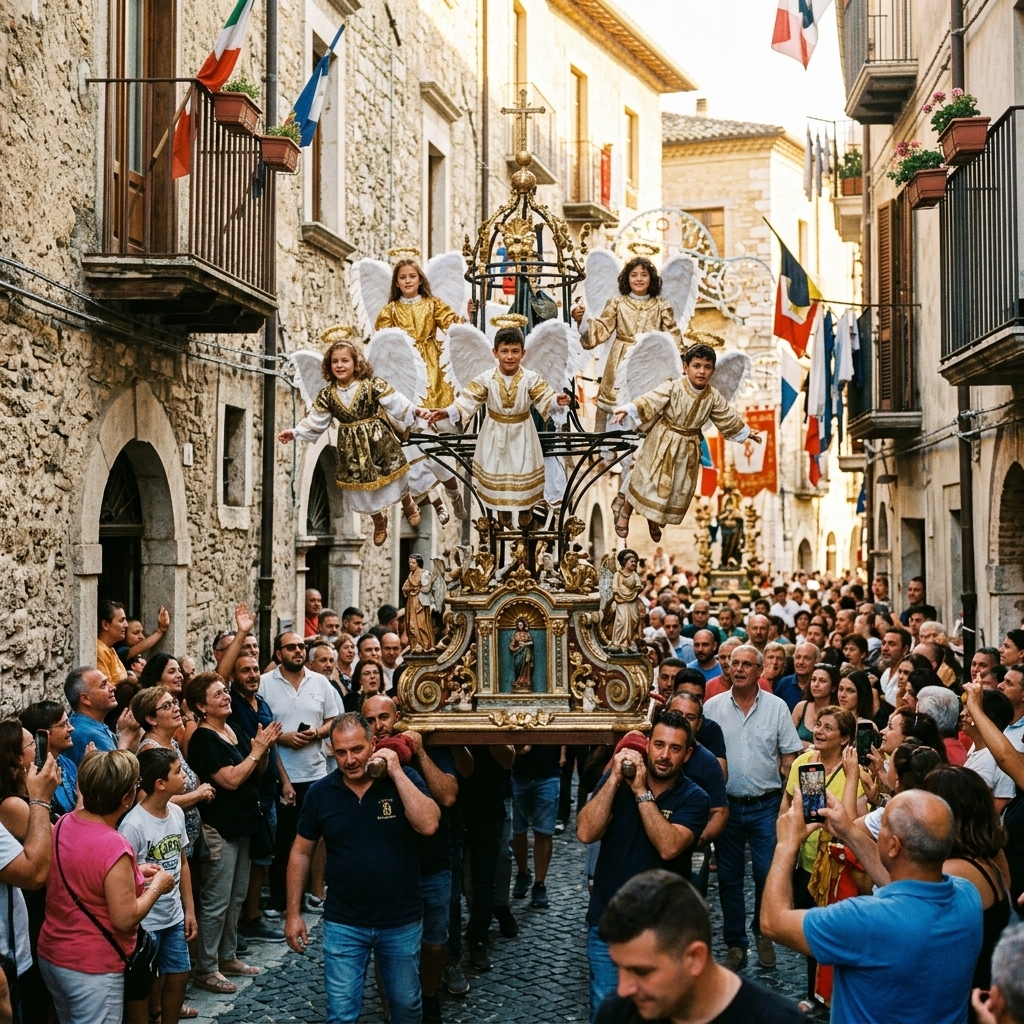 Ein 'Ingegno' des Festa dei Misteri in Campobasso mit in der Luft schwebenden Kindern