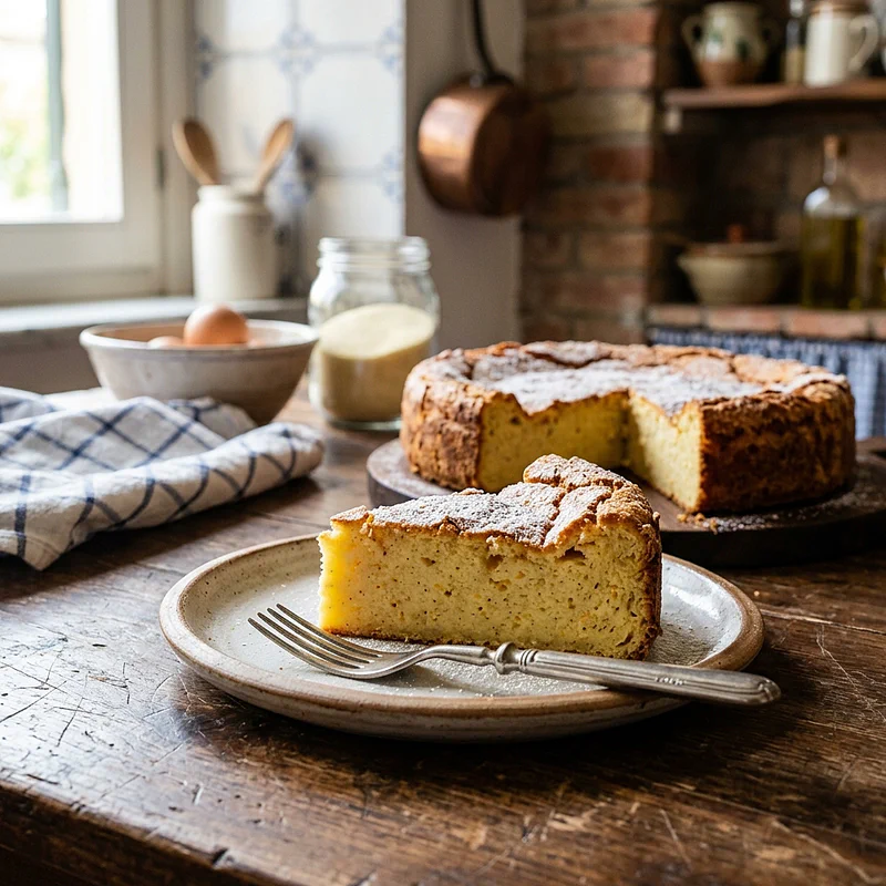 A freshly baked Neapolitan Migliaccio in a rustic kitchen