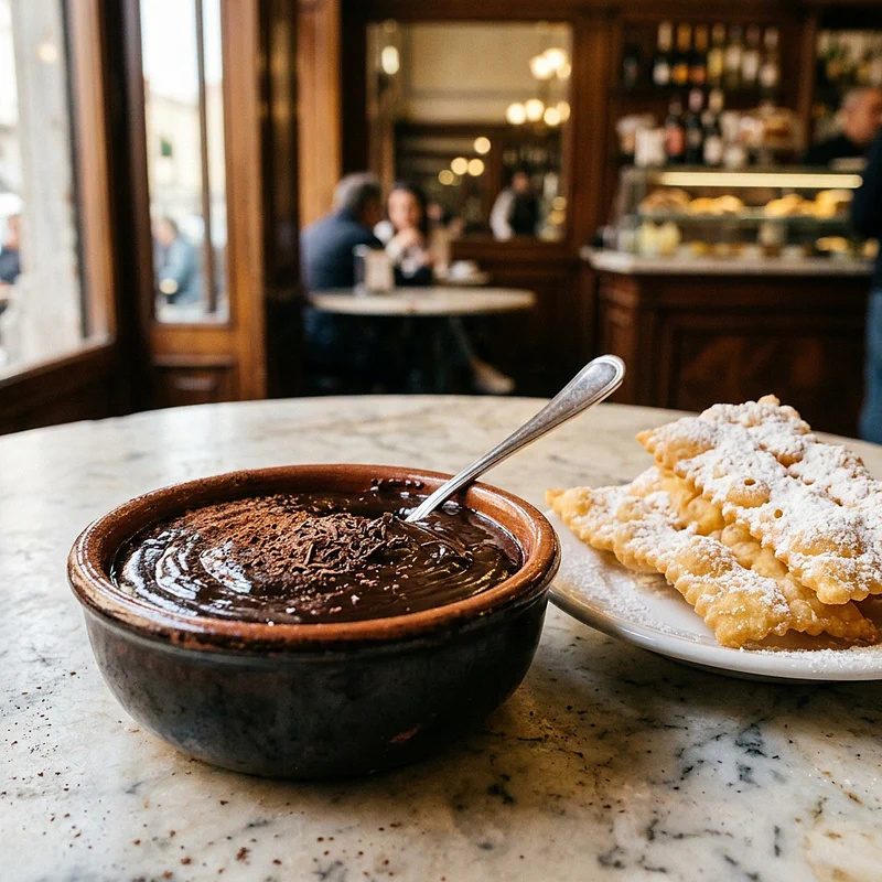 A bowl of Sanguinaccio dolce with chiacchiere ready for dipping