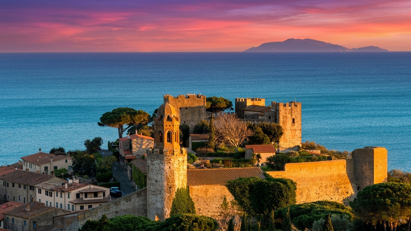 Vista panoramica del borgo medievale di Castiglione della Pescaia con il mare azzurro sullo sfondo