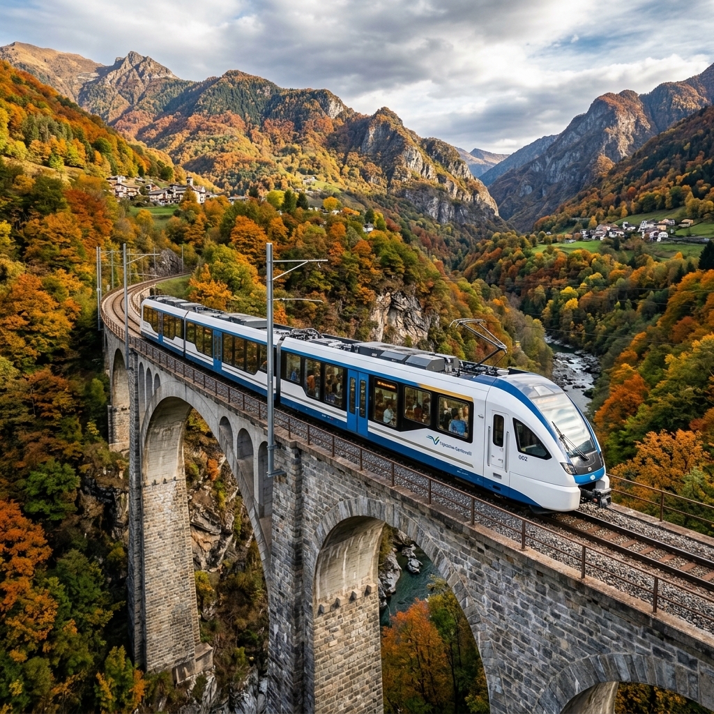 Il nuovo treno Stadler bianco e blu della Centovalli attraversa un ponte panoramico