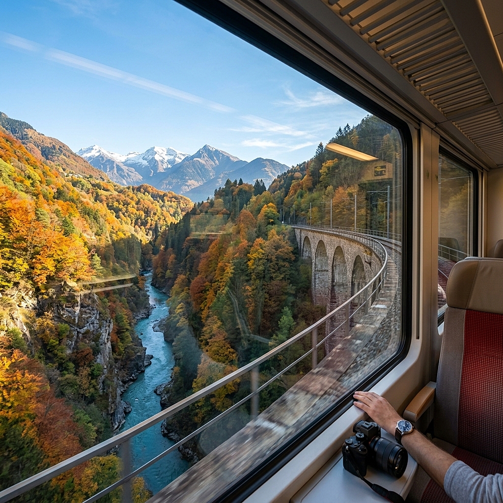 Vista panoramica dal finestrino del trenino delle Centovalli che attraversa un viadotto in autunno