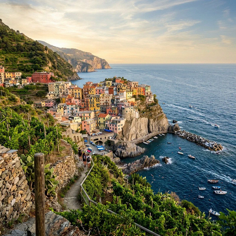 View of Manarola from the sanctuary trail through terraced vineyards