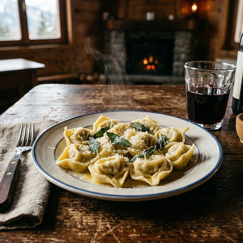 Plate of tortelloni with butter and sage