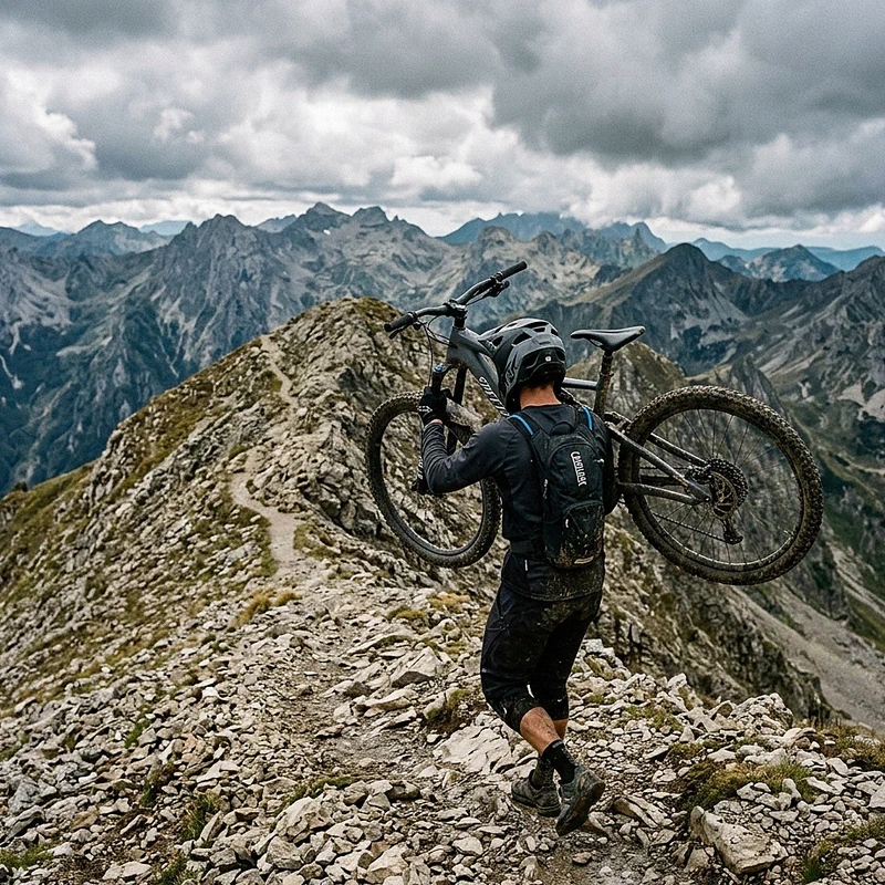 Mountain biker in portage on a steep ridge of the Apennines