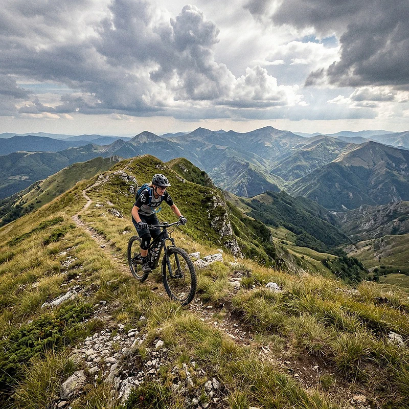 Biker engaged in a technical descent on the Emilian Apennines