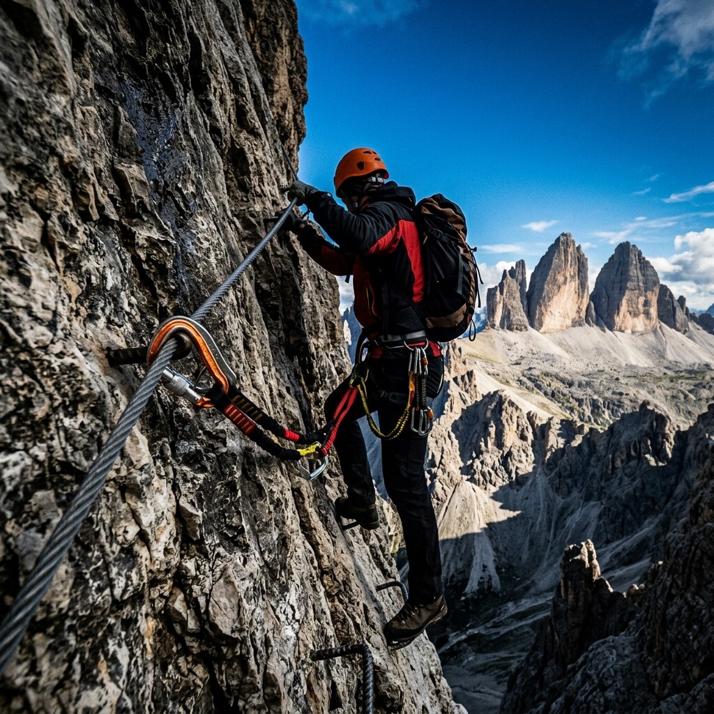 Climber on a Via Ferrata in the Dolomites