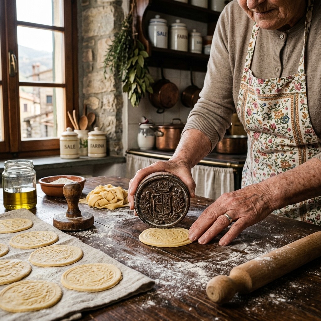 Nahaufnahme eines geschnitzten Holzstempels, der ein Medaillendesign in frische Pasta in einer rustikalen ligurischen Küche presst