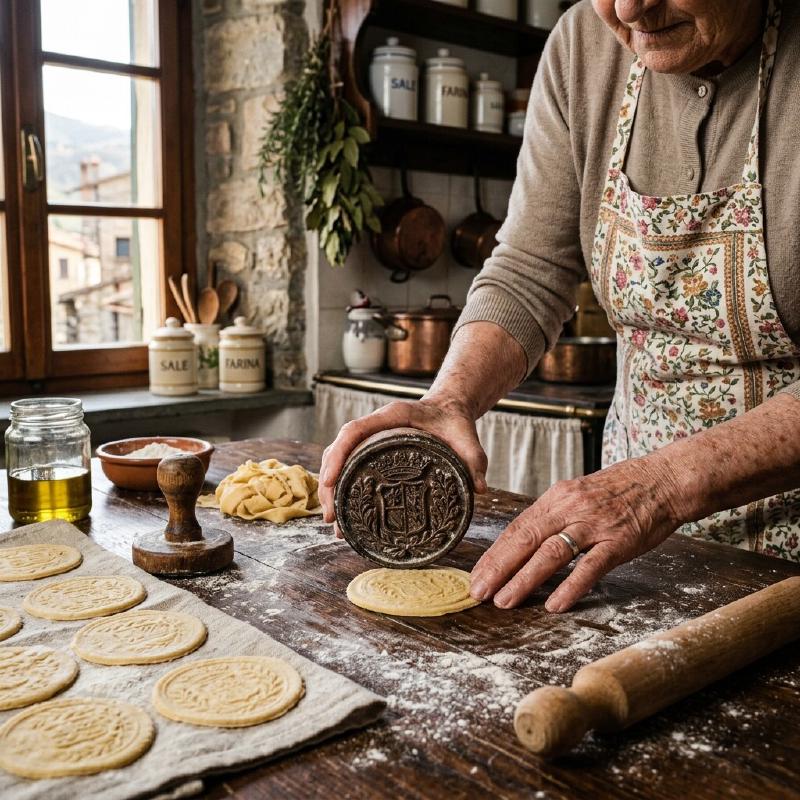 A close-up of a carved wooden stamp pressing a medallion design into fresh pasta in a rustic Ligurian kitchen