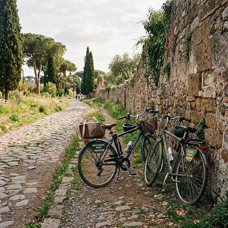 Due biciclette da noleggio appoggiate a un muro di pietra sull'Appia Antica