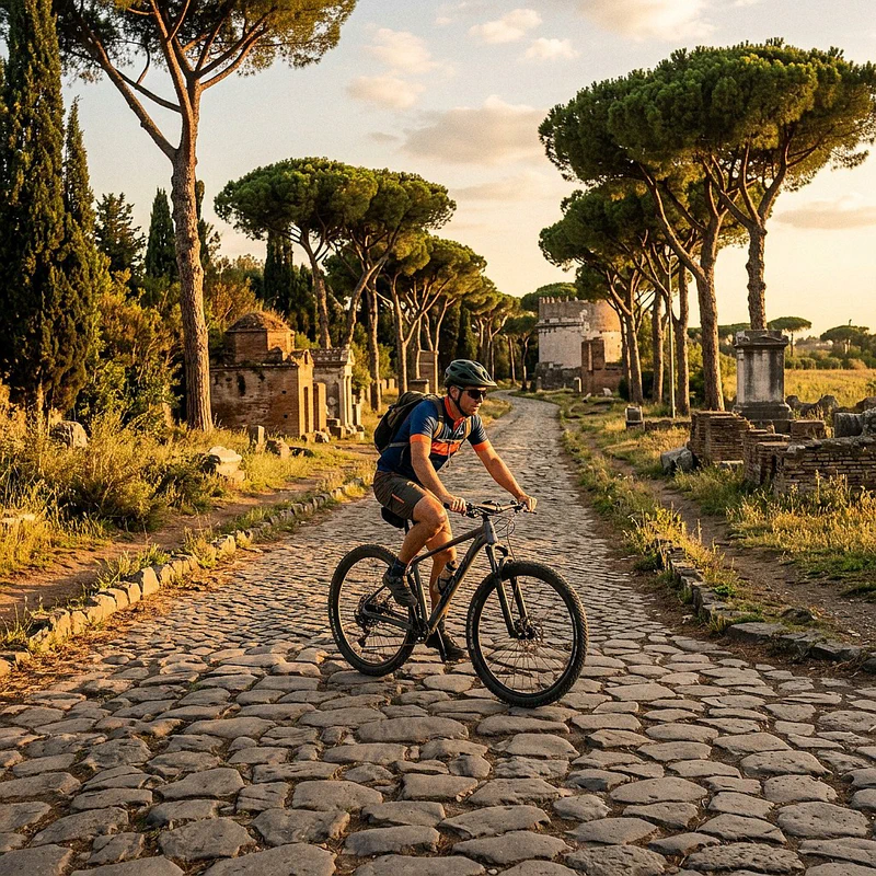 Cyclist riding a mountain bike on the basalt stones of the Appian Way