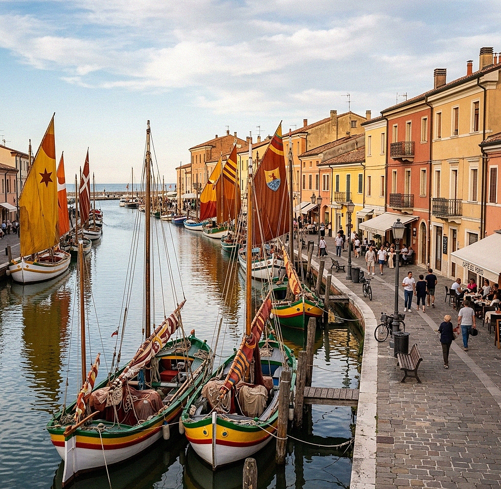 Der Kanalhafen von Cesenatico mit historischen Booten des Schifffahrtsmuseums und bunten Segeln