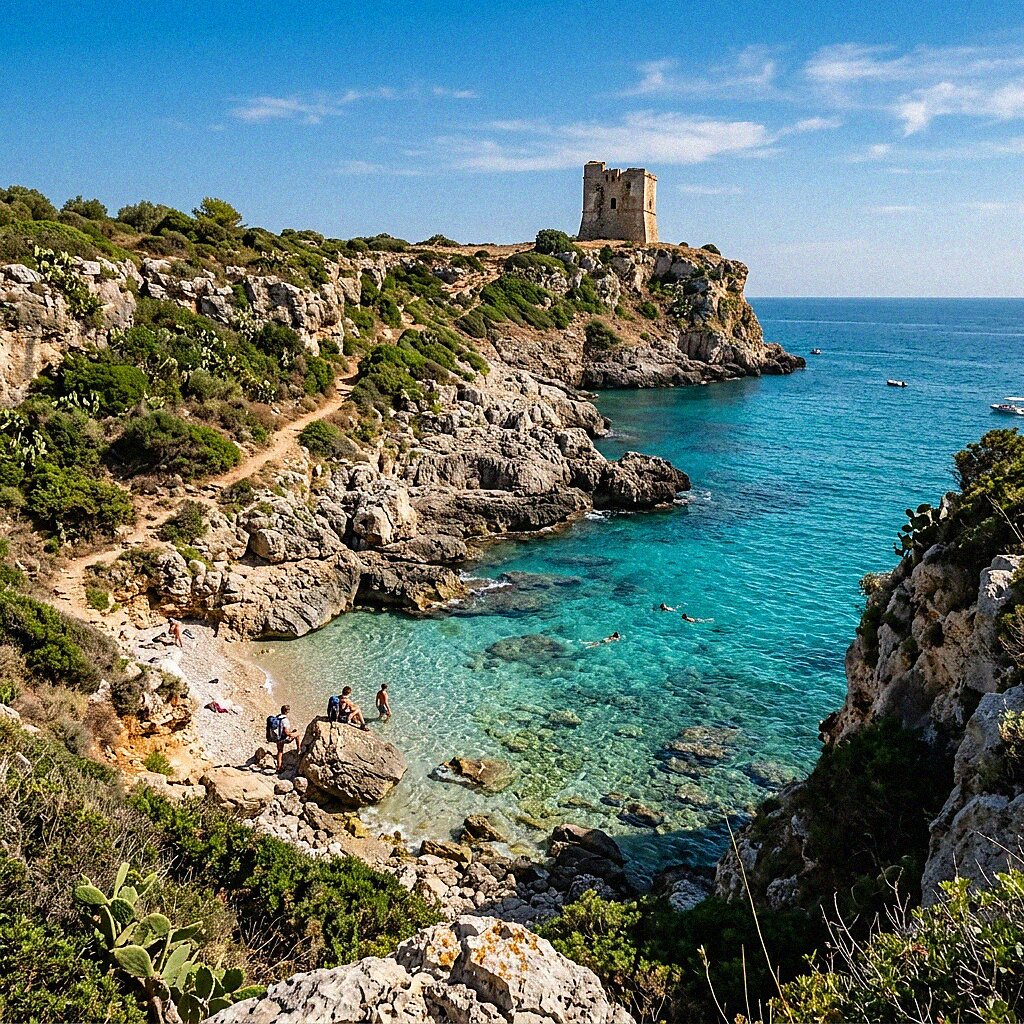 The crystal clear waters and golden dunes of a secret beach in Salento, Apulia