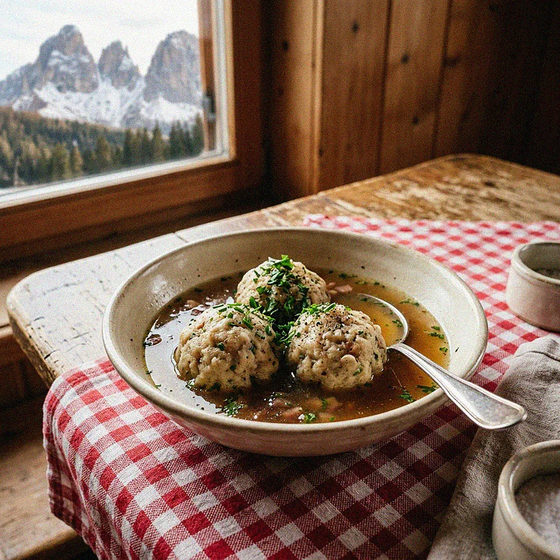 Eine dampfende Schüssel Canederli (Knödelsuppe) serviert auf einer karierten Tischdecke in einer Dolomiten-Berghütte