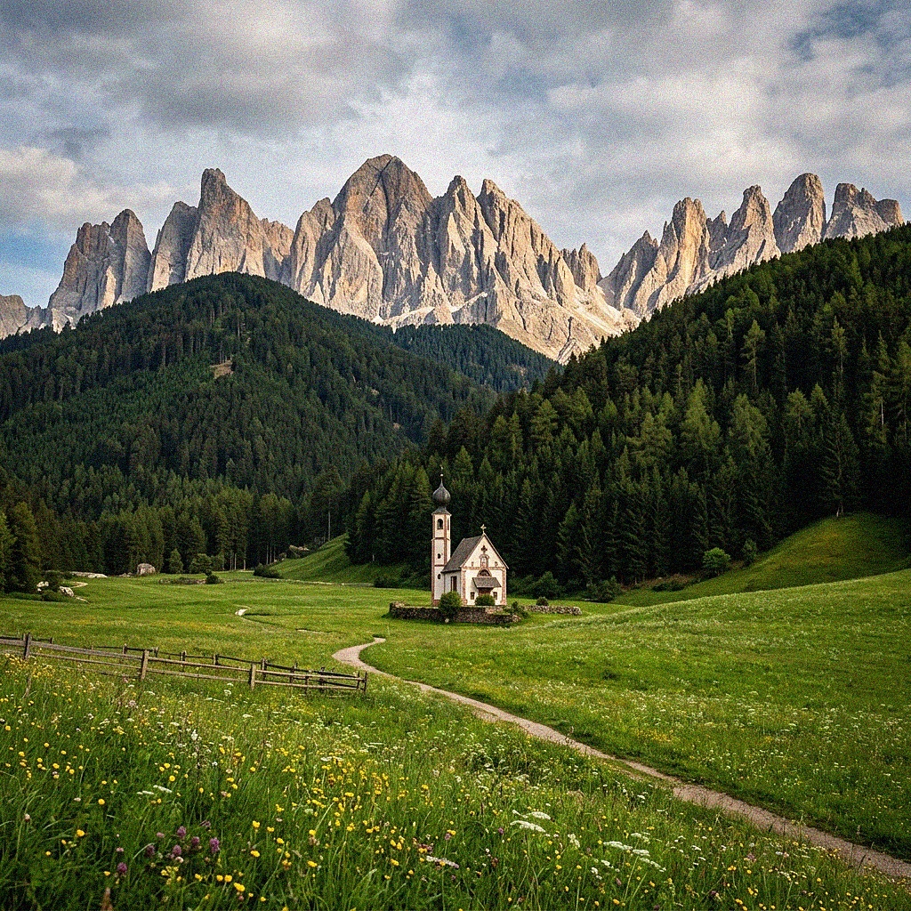 La piccola chiesa di San Giovanni in Ranui incastonata tra le vette frastagliate delle Dolomiti.