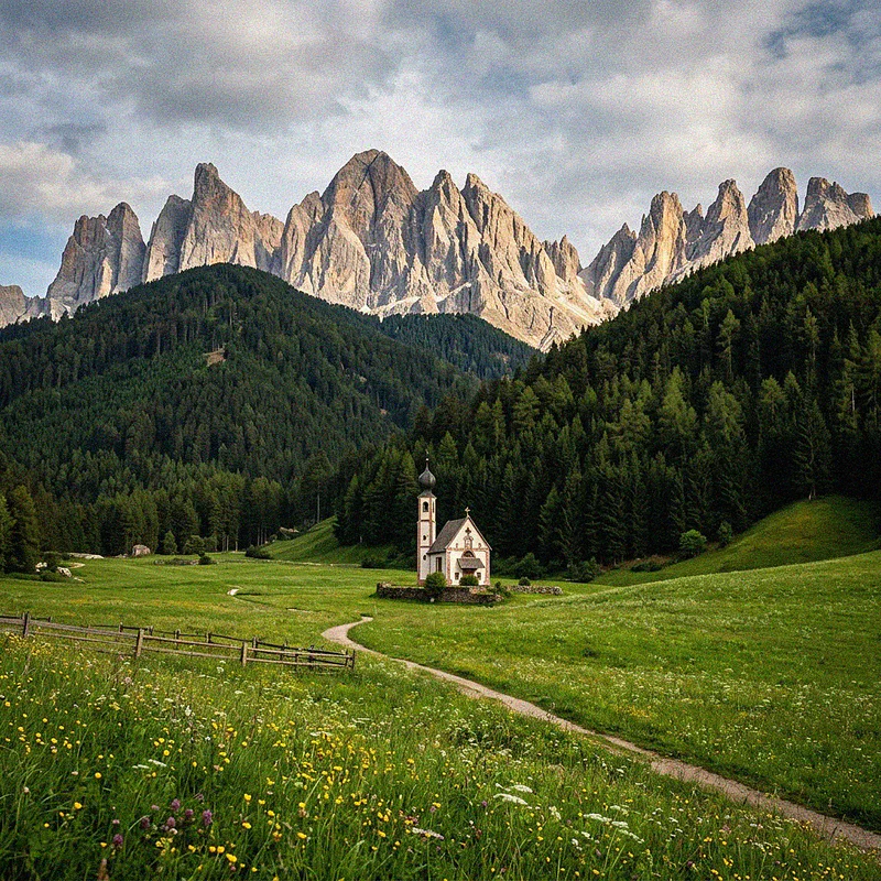 Die kleine Kirche San Giovanni in Ranui, eingebettet in die zerklüfteten Gipfel der Dolomiten.